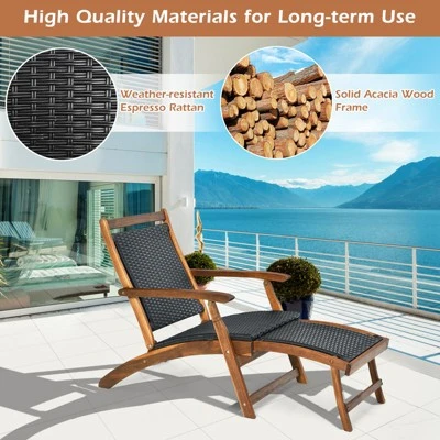 Tangkula 2-Piece Patio Folding Rattan Chaise Lounge Chair Set with Acacia Wood Frame 5 Tangkula 2-Piece Patio Folding Rattan Chaise Lounge Chair Set with Acacia Wood Frame - Image 5
