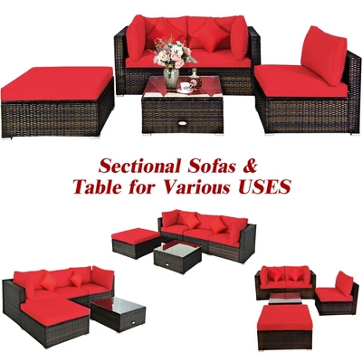 Tangkula 5-Piece Rattan Sectional Sofa Set: Modular Outdoor Patio Furniture with Red Cushions 5 Tangkula 5-Piece Rattan Sectional Sofa Set: Modular Outdoor Patio Furniture with Red Cushions - Image 5