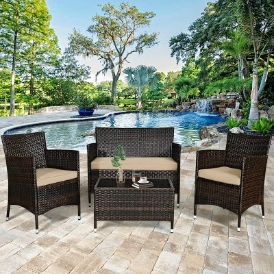 Tangkula 4-Piece Outdoor Rattan Conversation Set with Cushions & Glass Coffee Table 10 Tangkula 4-Piece Outdoor Rattan Conversation Set with Cushions & Glass Coffee Table - Image 10