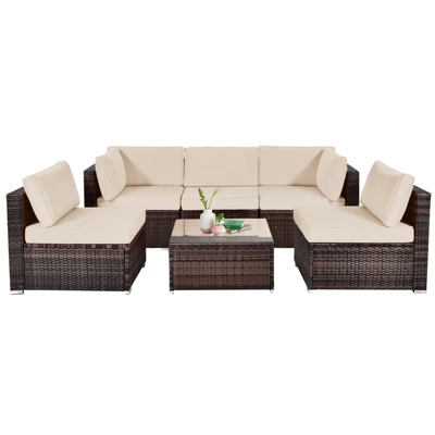 Tangkula 6PCS Wicker Patio Sectional Conversation Furniture Set With Coffee Table & Seat Cushions Navy/Black/Turquoise/Red 8 Tangkula 6PCS Wicker Patio Sectional Conversation Furniture Set With Coffee Table & Seat Cushions Navy/Black/Turquoise/Red - Image 8