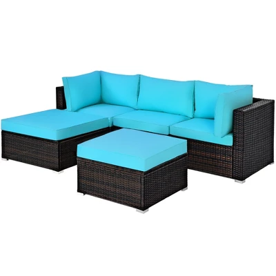 Tangkula 5-Piece Outdoor Patio Sectional Rattan Wicker Conversation Sofa Set With Turquoise/Yellowish Cushions 4 Tangkula 5-Piece Outdoor Patio Sectional Rattan Wicker Conversation Sofa Set With Turquoise/Yellowish Cushions - Image 4