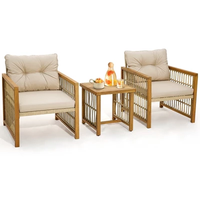 Tangkula 3PCS Patio Acacia Wood PE Wicker Furniture Set W/ Soft Seat & Back Cushions 10 Tangkula 3PCS Patio Acacia Wood PE Wicker Furniture Set W/ Soft Seat & Back Cushions - Image 10