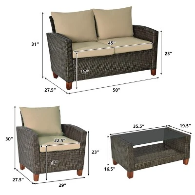 Tangkula 4PCS Cushioned Rattan Conversation Set W/ Coffee Table Patio Outdoor 8 Tangkula 4PCS Cushioned Rattan Conversation Set W/ Coffee Table Patio Outdoor - Image 8