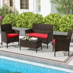 Tangkula 4-Piece Outdoor Rattan Conversation Set with Loveseat and Coffee Table