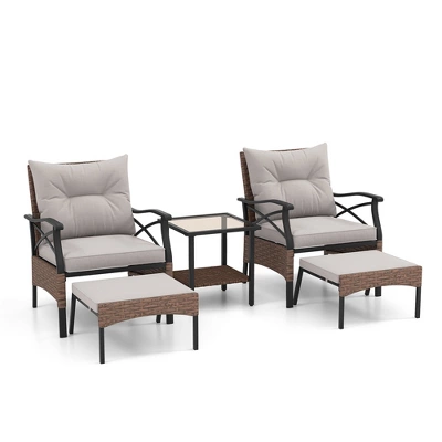 Tangkula 5-Piece Wicker Patio Furniture Set: 2 Rattan Chairs, Ottomans & 2-Tier Side Table 9 Tangkula 5-Piece Wicker Patio Furniture Set: 2 Rattan Chairs, Ottomans & 2-Tier Side Table - Image 9
