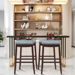 Tangkula Set Of 4 Saddle Bar Stools Backless Nailhead Counter Stool With Grey Cushions Coffee/White