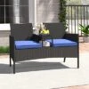 Tangkula 2-Seat Outdoor Rattan Loveseat with Built-in Coffee Table - Blue