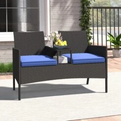Tangkula 2-Seat Outdoor Rattan Loveseat with Built-in Coffee Table - Blue