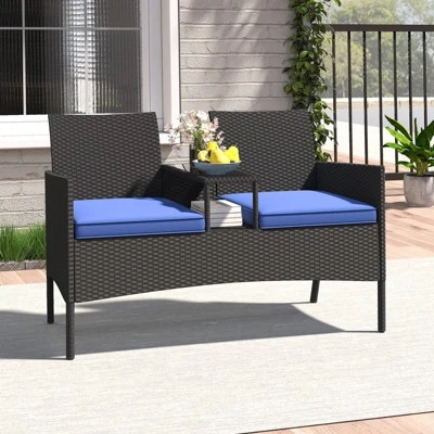 Tangkula 2-Seat Outdoor Rattan Loveseat with Built-in Coffee Table - Blue 1 Tangkula 2-Seat Outdoor Rattan Loveseat with Built-in Coffee Table - Blue