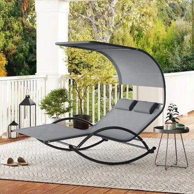 Tangkula Outdoor Double Chaise Rocker Rocking Daybed with Sun Shade Canopy 3 Tangkula Outdoor Double Chaise Rocker Rocking Daybed with Sun Shade Canopy - Image 3