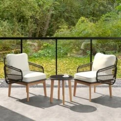 Tangkula 3-Piece Patio Rattan Bistro Set with Acacia Wood Frame