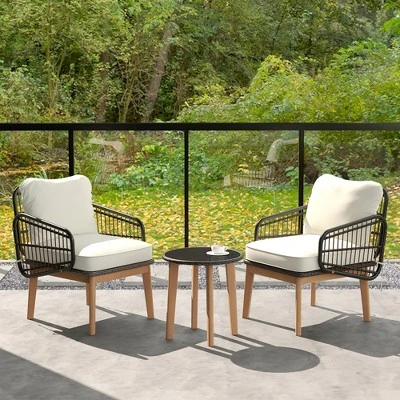 Tangkula 3-Piece Patio Rattan Bistro Set with Acacia Wood Frame 1 Tangkula 3-Piece Patio Rattan Bistro Set with Acacia Wood Frame