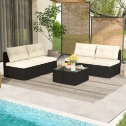 Tangkula 5-Piece Outdoor PE Rattan Patio Furniture Set with Cushions & Glass Table