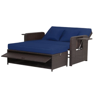 Tangkula Rattan Loveseat Set Daybed Lounge Storage Ottoman Side Tables Adjust Patio Navy 5 Tangkula Rattan Loveseat Set Daybed Lounge Storage Ottoman Side Tables Adjust Patio Navy - Image 5