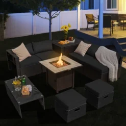 Tangkula 9-Piece Outdoor Wicker Sectional Set with Gas Fire Pit Table