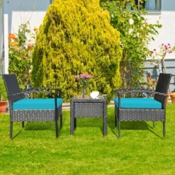 Tangkula 3 Pieces Patio Set Outdoor Wicker Rattan Furniture W/ Cushions Turquoise