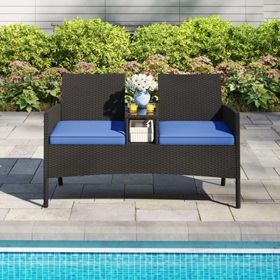 Tangkula 2-Seat Outdoor Rattan Loveseat with Built-in Coffee Table - Blue 2 Tangkula 2-Seat Outdoor Rattan Loveseat with Built-in Coffee Table - Blue - Image 2