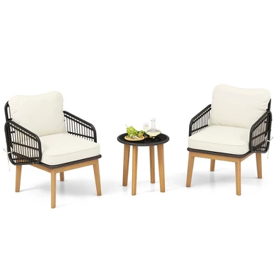 Tangkula 3-Piece Patio Rattan Bistro Set with Acacia Wood Frame 9 Tangkula 3-Piece Patio Rattan Bistro Set with Acacia Wood Frame - Image 9