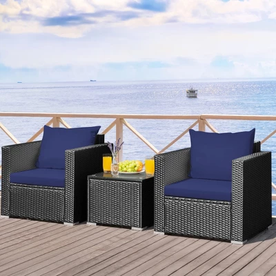Tangkula 3-Piece Outdoor Rattan Conversation Set - Navy Blue Cushions 3 Tangkula 3-Piece Outdoor Rattan Conversation Set - Navy Blue Cushions - Image 3