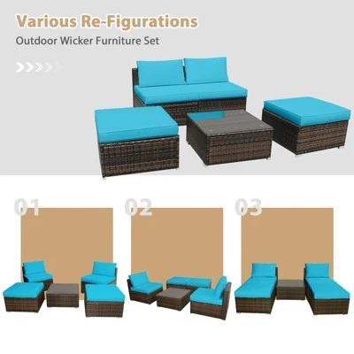 Tangkula 5-Piece Outdoor Rattan Wicker Sofa Set Lounge Chair With Turquoise Cushions 2 Tangkula 5-Piece Outdoor Rattan Wicker Sofa Set Lounge Chair With Turquoise Cushions - Image 2