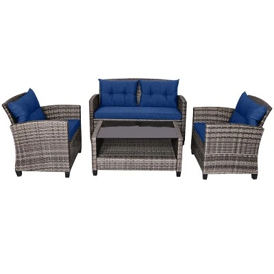 Tangkula 4PCS Rattan Furniture Set Coffee Table Cushioned Sofa Garden Lawn Patio Navy 6 Tangkula 4PCS Rattan Furniture Set Coffee Table Cushioned Sofa Garden Lawn Patio Navy - Image 6