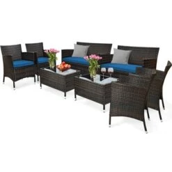 Tangkula 8PCS Patio Rattan Conversation Furniture Set Outdoor W/ Peacock Blue Cushion -Tangkula Shop GUEST 54267d9b 24df 4eae 99a2 0ecb0b8d2330