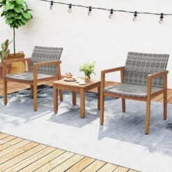Tangkula 3-Piece Outdoor Patio Furniture Set - Acacia Wood & PE Rattan Bistro Set