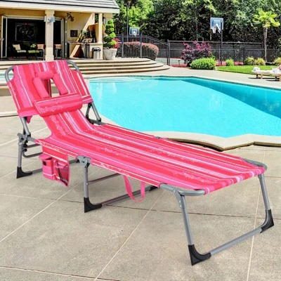 Tangkula Lounge Chair Beach Chair W/ Face Arm Hole Detachable Pillow Adjustable Backrest Side Pocket Outdoor Folding Chaise Sunbathing Chair Hot Pink 9 Tangkula Lounge Chair Beach Chair W/ Face Arm Hole Detachable Pillow Adjustable Backrest Side Pocket Outdoor Folding Chaise Sunbathing Chair Hot Pink - Image 9