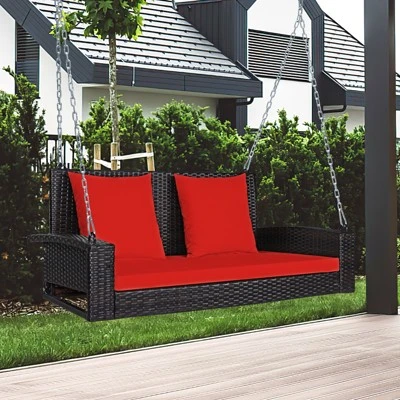 Tangkula Outdoor Wicker Porch Swing Bench 2-Person Patio Rattan Swing Chair W/ Soft Cushions White/Turquoise/Red/Black 1 Tangkula Outdoor Wicker Porch Swing Bench 2-Person Patio Rattan Swing Chair W/ Soft Cushions White/Turquoise/Red/Black