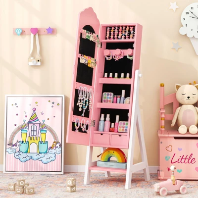 Tangkula Kids Jewelry Armoire Cabinet Freestanding Full Length Dressing Mirror With Large Capacity Pink/White 2 Tangkula Kids Jewelry Armoire Cabinet Freestanding Full Length Dressing Mirror With Large Capacity Pink/White - Image 2
