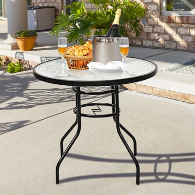 Tangkula Patio Round Table Patio Furniture Steel Frame Dining Table W/ Glass Top 2 Tangkula Patio Round Table Patio Furniture Steel Frame Dining Table W/ Glass Top - Image 2