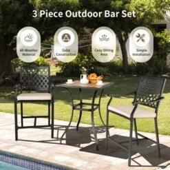 Tangkula 3 Piece Patio Bar Bistro Set, Outdoor Bar Height Stool & Table Ergonomic Seat W/ Comfortable Cushion Reinforced Steel Structure -Tangkula Shop GUEST 55e2fe21 b206 4b0b 98a8 937aeaba07e6