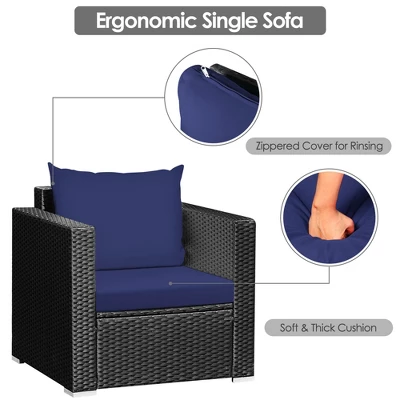 Tangkula 3-Piece Outdoor Rattan Conversation Set - Navy Blue Cushions 5 Tangkula 3-Piece Outdoor Rattan Conversation Set - Navy Blue Cushions - Image 5