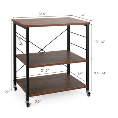 Tangkula Kitchen Baker's Rack 3-Tier Microwave Cart With Wheels&10 Hooks Rustic Brown/Maple/Vintage/Nut Brown 2 Tangkula Kitchen Baker's Rack 3-Tier Microwave Cart With Wheels&10 Hooks Rustic Brown/Maple/Vintage/Nut Brown - Image 2