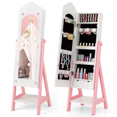 Tangkula Kids Jewelry Armoire Cabinet Freestanding Full Length Dressing Mirror With Large Capacity Pink/White 10 Tangkula Kids Jewelry Armoire Cabinet Freestanding Full Length Dressing Mirror With Large Capacity Pink/White - Image 10