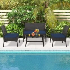 Tangkula 4 Pieces Outdoor Patio PE Wicker Sofa W/ Tempered Glass Coffee Table For Porch & Backyard