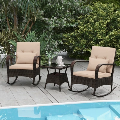 Tangkula 3PCS Outdoor Rocking Set Rattan Rocker Chairs W/ Tempered Glass Coffee Table Wicker Rocker Set 1 Tangkula 3PCS Outdoor Rocking Set Rattan Rocker Chairs W/ Tempered Glass Coffee Table Wicker Rocker Set