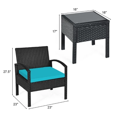 Tangkula 3 Pieces Patio Set Outdoor Wicker Rattan Furniture W/ Cushions Turquoise 7 Tangkula 3 Pieces Patio Set Outdoor Wicker Rattan Furniture W/ Cushions Turquoise - Image 7