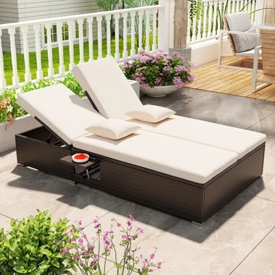 Tangkula Patio Double Chaise Lounge 6 Position Adjustable Wicker Recliner Bed With Cushions & Folding Side Trays 2 Tangkula Patio Double Chaise Lounge 6 Position Adjustable Wicker Recliner Bed With Cushions & Folding Side Trays - Image 2