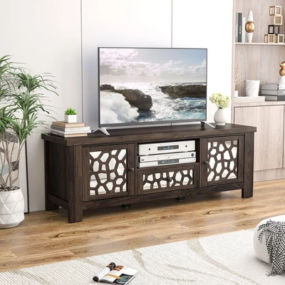 Tangkula 55" Retro TV Stand Media Entertainment Center W/ Mirror Doors & Drawer Brown 8 Tangkula 55" Retro TV Stand Media Entertainment Center W/ Mirror Doors & Drawer Brown - Image 8