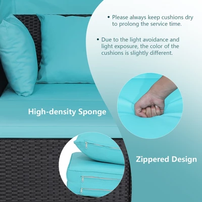 Tangkula Patio Hand-Woven PE Wicker Daybed Outdoor Loveseat Sofa Set W/ Turquoise Cushions 6 Tangkula Patio Hand-Woven PE Wicker Daybed Outdoor Loveseat Sofa Set W/ Turquoise Cushions - Image 6