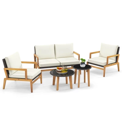 Tangkula 5 Piece Rattan Furniture Set W/ Wicker Woven Sofa Set & Solid Acacia Wood Frame 2 Tangkula 5 Piece Rattan Furniture Set W/ Wicker Woven Sofa Set & Solid Acacia Wood Frame - Image 2
