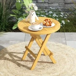 Tangkula Teak Wood Folding Patio Side Table - Portable Outdoor End Table