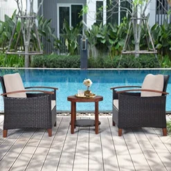 Tangkula 3-Piece Outdoor Wicker Sofa Set - Acacia Wood Frame with Beige & Turquoise Cushions