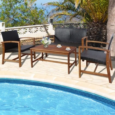 Tangkula 4-Piece Patio Conversation Set with Acacia Wood and PE Rattan 1 Tangkula 4-Piece Patio Conversation Set with Acacia Wood and PE Rattan