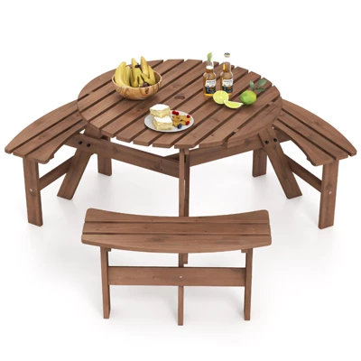 Tangkula 6-Person Round Picnic Table Set W/ 3 Built-in Benches 2" Umbrella Hole 10 Tangkula 6-Person Round Picnic Table Set W/ 3 Built-in Benches 2" Umbrella Hole - Image 10