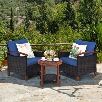 Tangkula 3-Piece Patio Wicker Rattan Conversation Set with Acacia Wood & Cushions 9 Tangkula 3-Piece Patio Wicker Rattan Conversation Set with Acacia Wood & Cushions - Image 9