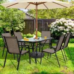 Tangkula 7PCS Patio Dining Furniture Set W/ 6 Stackable Armchairs & Umbrella Hole -Tangkula Shop GUEST 5ac2dbc4 3438 4a03 8932 af67f45e80fd