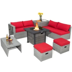 Tangkula 9 Pieces Outdoor Patio Furniture Set W/ 32" Propane Fire Pit Table Sectional Sofa Set W/ Storage Box Black/Gray/Navy/Red/Turquoise/Off White -Tangkula Shop GUEST 5af823c5 911d 4ded 9653 669a6726bb59