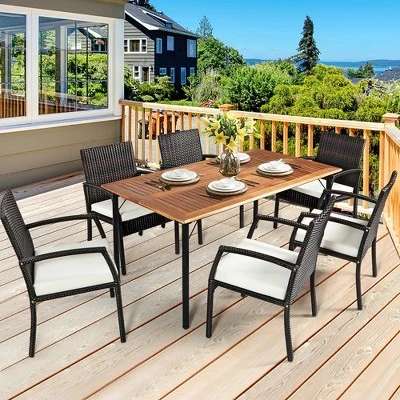 Tangkula 7-Piece Outdoor Dining Set with Acacia Wood Tabletop & 6 Cushioned Chairs 2 Tangkula 7-Piece Outdoor Dining Set with Acacia Wood Tabletop & 6 Cushioned Chairs - Image 2